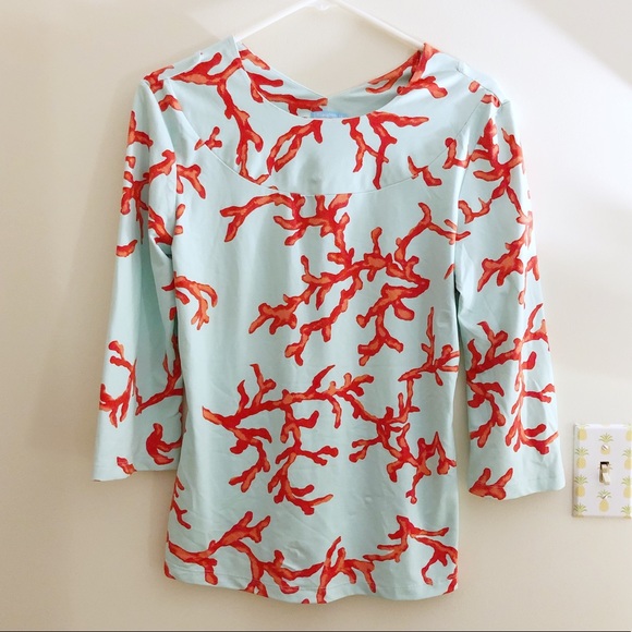 J. McLaughlin Tops - J. McLaughlin Coral Pattern Turquoise Top